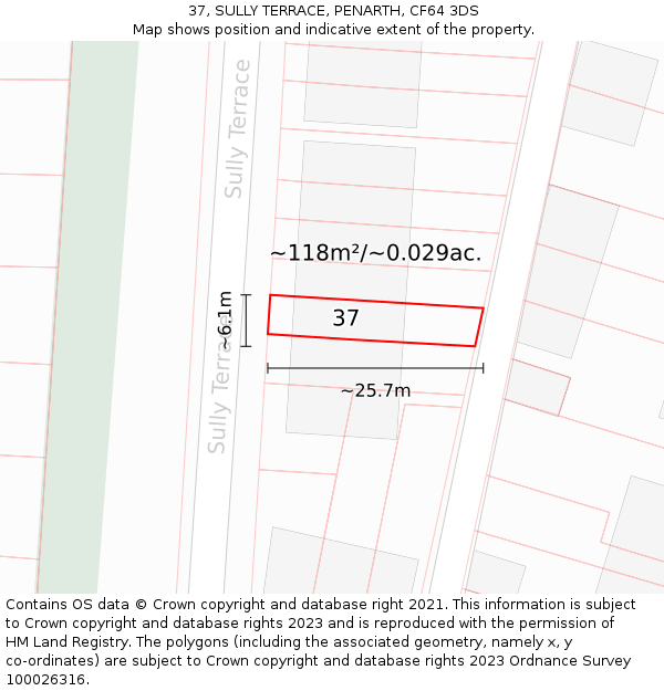 37, SULLY TERRACE, PENARTH, CF64 3DS: Plot and title map