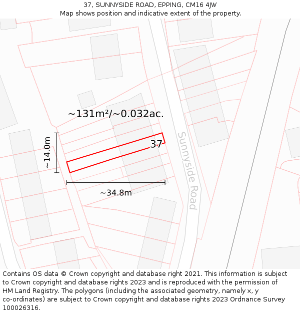 37, SUNNYSIDE ROAD, EPPING, CM16 4JW: Plot and title map
