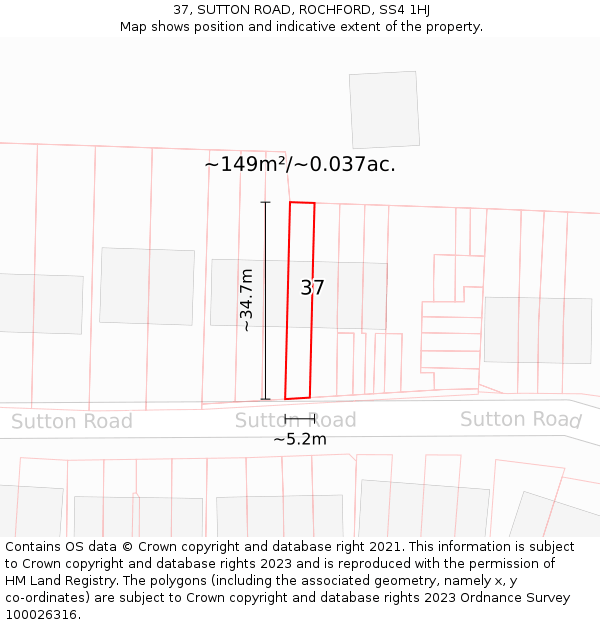 37, SUTTON ROAD, ROCHFORD, SS4 1HJ: Plot and title map