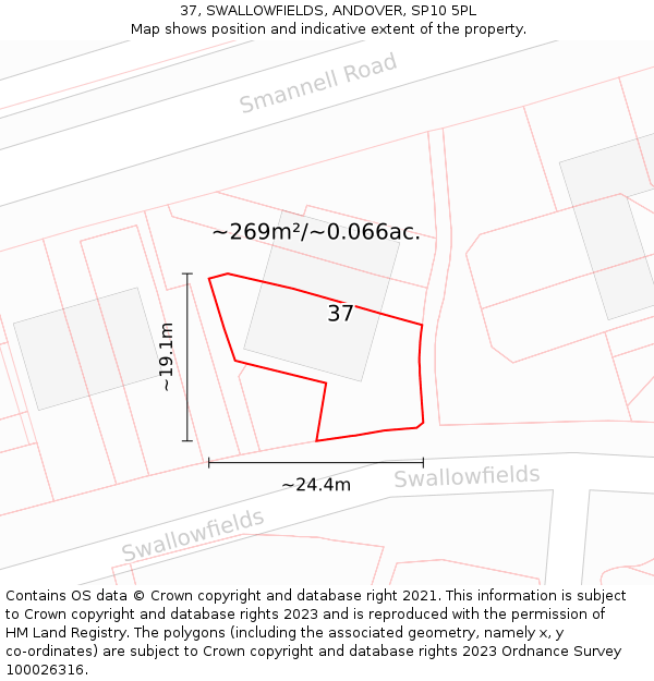 37, SWALLOWFIELDS, ANDOVER, SP10 5PL: Plot and title map