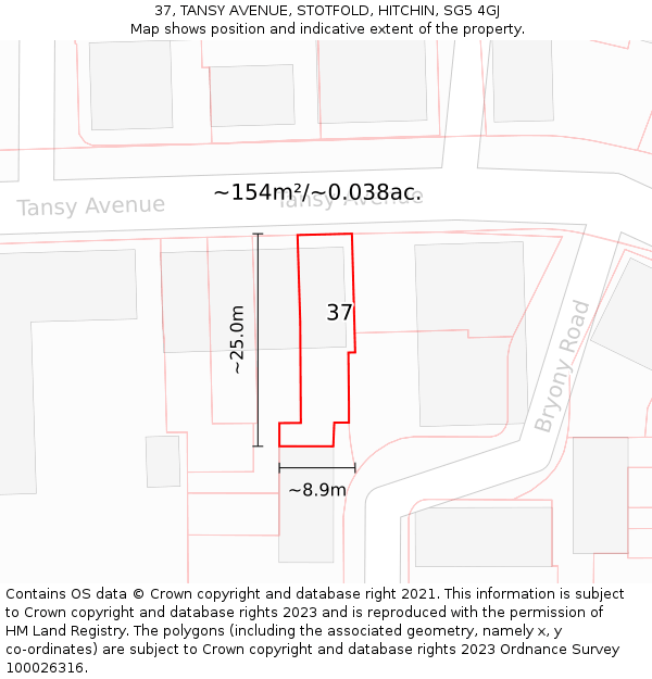 37, TANSY AVENUE, STOTFOLD, HITCHIN, SG5 4GJ: Plot and title map