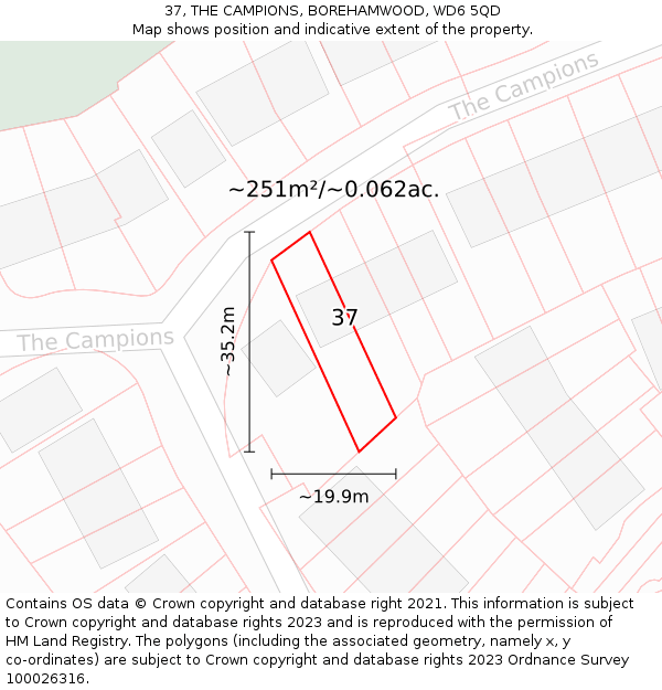 37, THE CAMPIONS, BOREHAMWOOD, WD6 5QD: Plot and title map