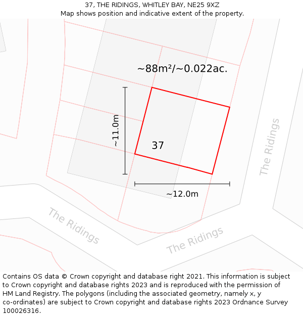 37, THE RIDINGS, WHITLEY BAY, NE25 9XZ: Plot and title map