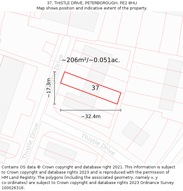 37, THISTLE DRIVE, PETERBOROUGH, PE2 8HU: Plot and title map