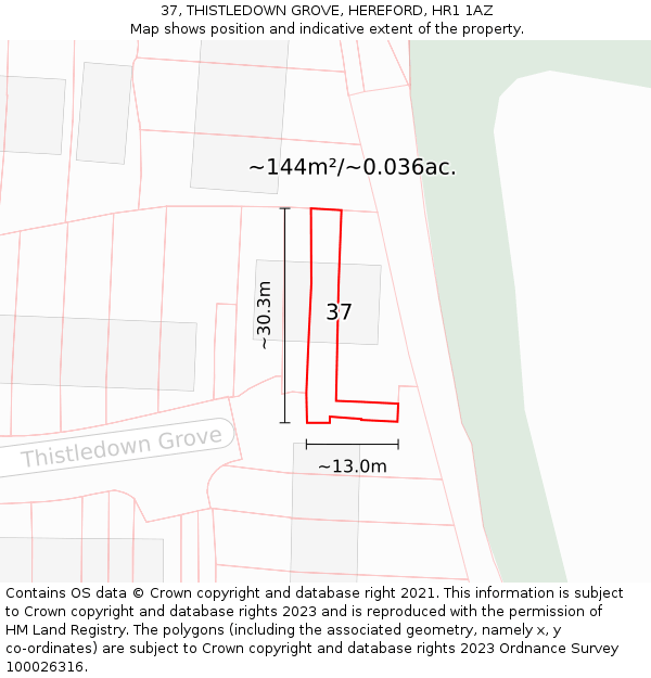 37, THISTLEDOWN GROVE, HEREFORD, HR1 1AZ: Plot and title map