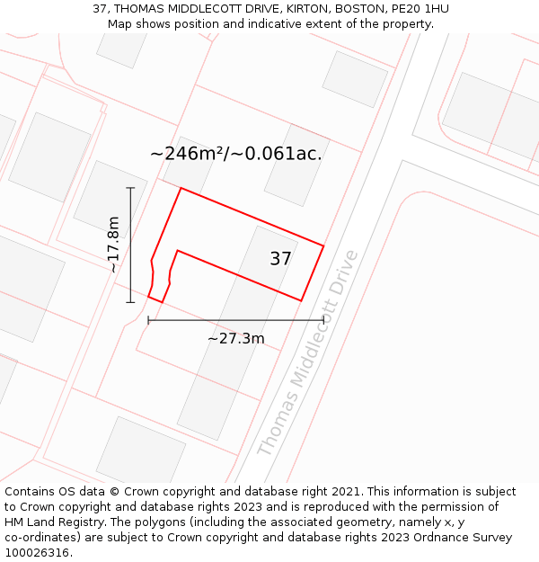 37, THOMAS MIDDLECOTT DRIVE, KIRTON, BOSTON, PE20 1HU: Plot and title map