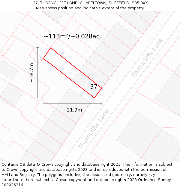37, THORNCLIFFE LANE, CHAPELTOWN, SHEFFIELD, S35 3XX: Plot and title map