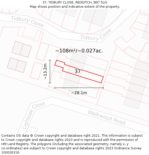 37, TIDBURY CLOSE, REDDITCH, B97 5LN: Plot and title map