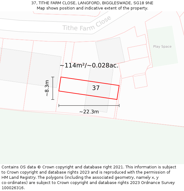 37, TITHE FARM CLOSE, LANGFORD, BIGGLESWADE, SG18 9NE: Plot and title map