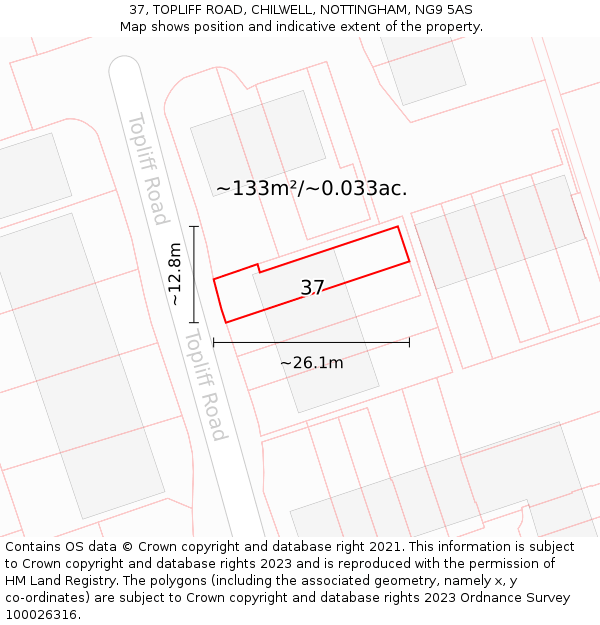 37, TOPLIFF ROAD, CHILWELL, NOTTINGHAM, NG9 5AS: Plot and title map