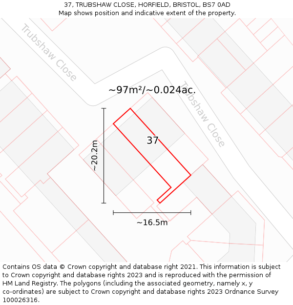 37, TRUBSHAW CLOSE, HORFIELD, BRISTOL, BS7 0AD: Plot and title map