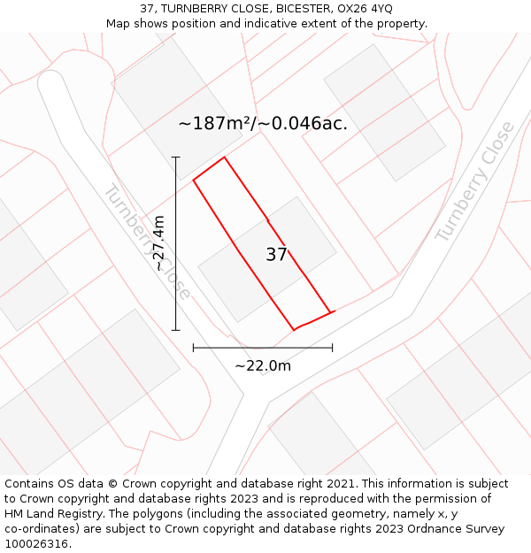 37, TURNBERRY CLOSE, BICESTER, OX26 4YQ: Plot and title map