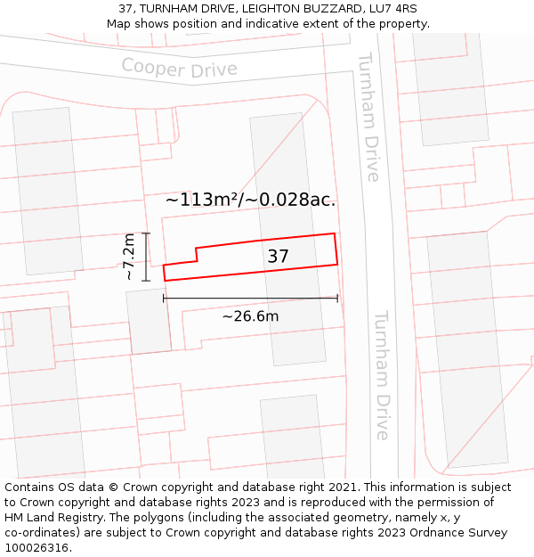 37, TURNHAM DRIVE, LEIGHTON BUZZARD, LU7 4RS: Plot and title map