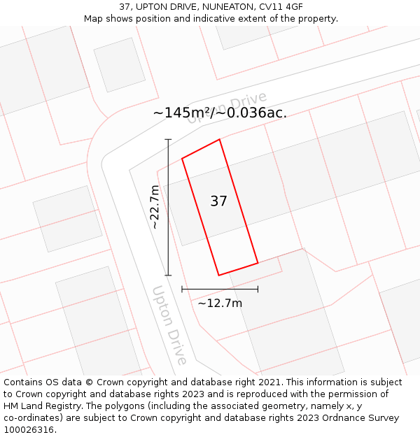 37, UPTON DRIVE, NUNEATON, CV11 4GF: Plot and title map