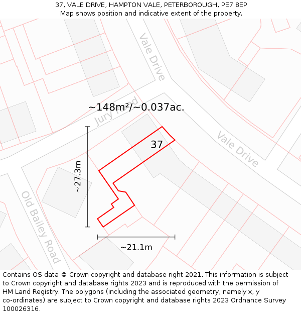 37, VALE DRIVE, HAMPTON VALE, PETERBOROUGH, PE7 8EP: Plot and title map