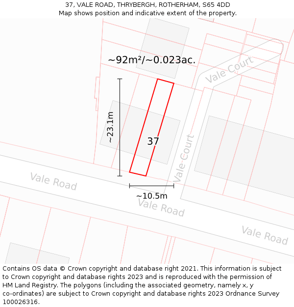 37, VALE ROAD, THRYBERGH, ROTHERHAM, S65 4DD: Plot and title map