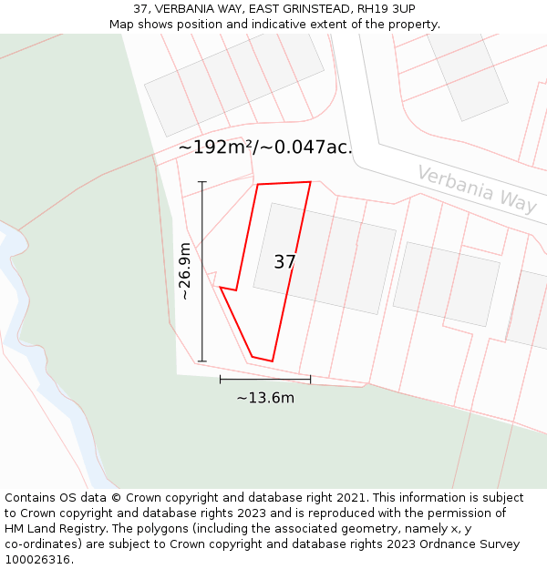 37, VERBANIA WAY, EAST GRINSTEAD, RH19 3UP: Plot and title map