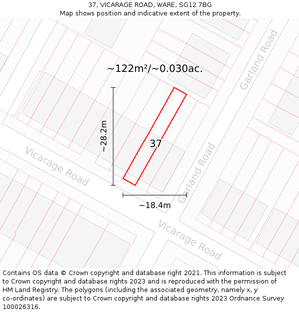 37, VICARAGE ROAD, WARE, SG12 7BG: Plot and title map