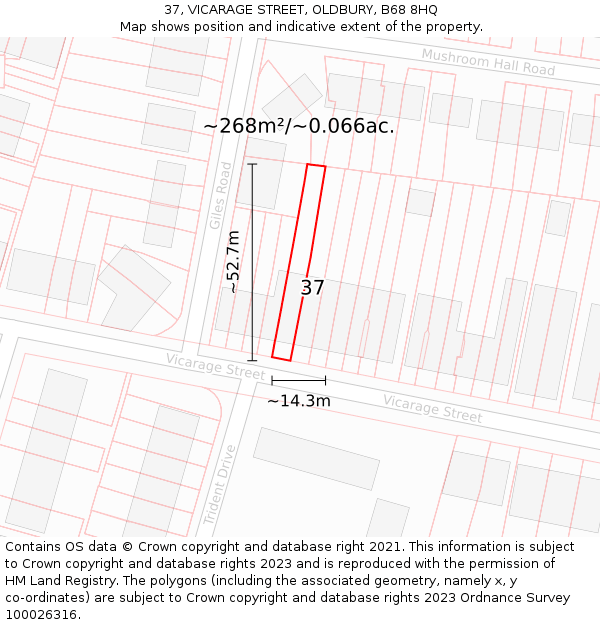 37, VICARAGE STREET, OLDBURY, B68 8HQ: Plot and title map