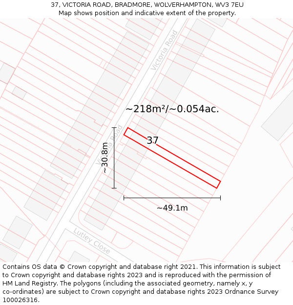 37, VICTORIA ROAD, BRADMORE, WOLVERHAMPTON, WV3 7EU: Plot and title map