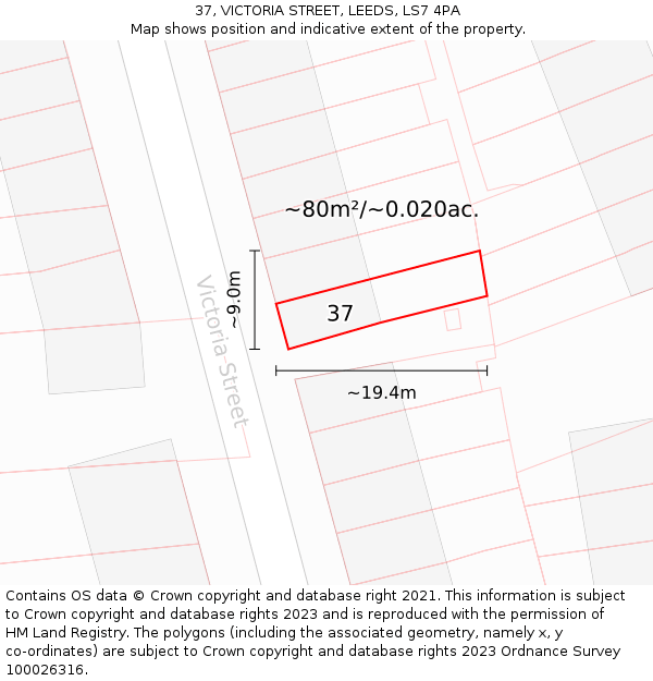 37, VICTORIA STREET, LEEDS, LS7 4PA: Plot and title map
