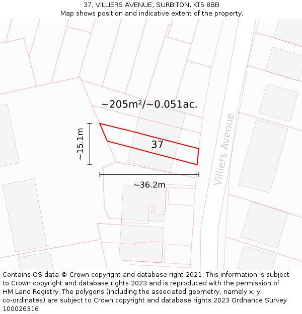 37, VILLIERS AVENUE, SURBITON, KT5 8BB: Plot and title map