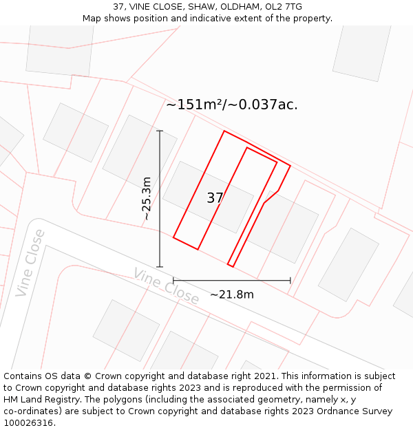 37, VINE CLOSE, SHAW, OLDHAM, OL2 7TG: Plot and title map