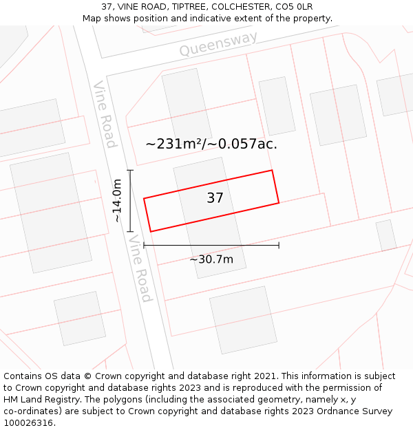 37, VINE ROAD, TIPTREE, COLCHESTER, CO5 0LR: Plot and title map