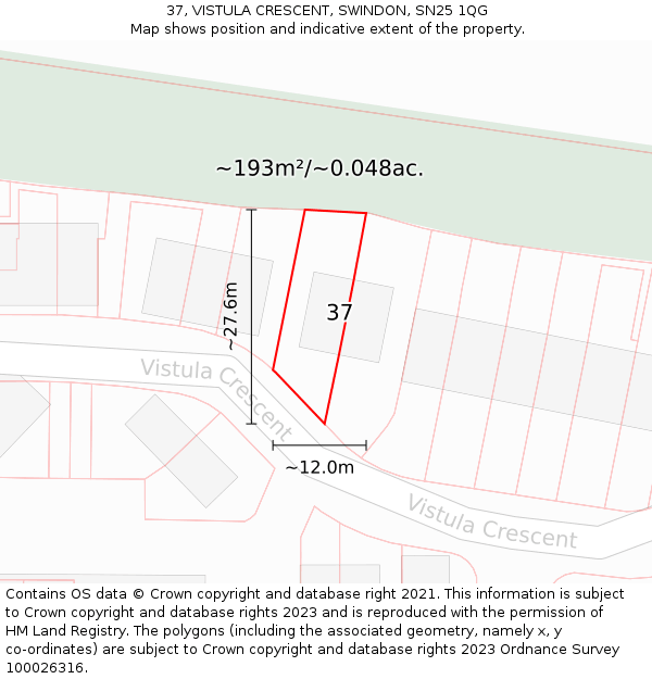 37, VISTULA CRESCENT, SWINDON, SN25 1QG: Plot and title map