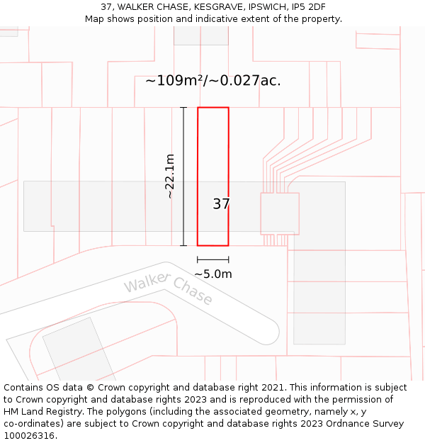 37, WALKER CHASE, KESGRAVE, IPSWICH, IP5 2DF: Plot and title map