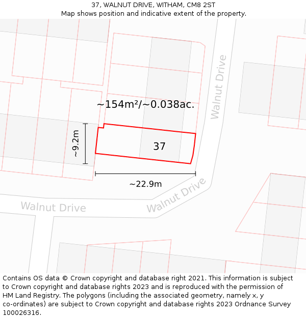 37, WALNUT DRIVE, WITHAM, CM8 2ST: Plot and title map