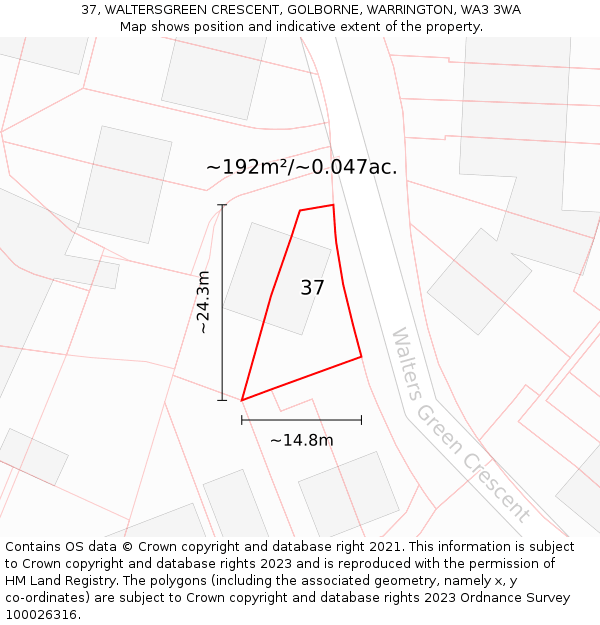 37, WALTERSGREEN CRESCENT, GOLBORNE, WARRINGTON, WA3 3WA: Plot and title map