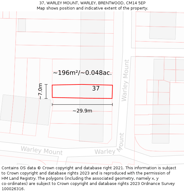 37, WARLEY MOUNT, WARLEY, BRENTWOOD, CM14 5EP: Plot and title map