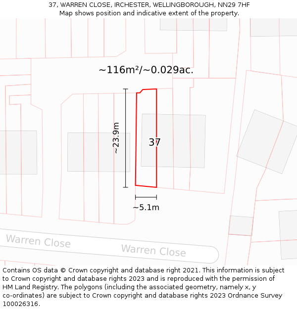 37, WARREN CLOSE, IRCHESTER, WELLINGBOROUGH, NN29 7HF: Plot and title map