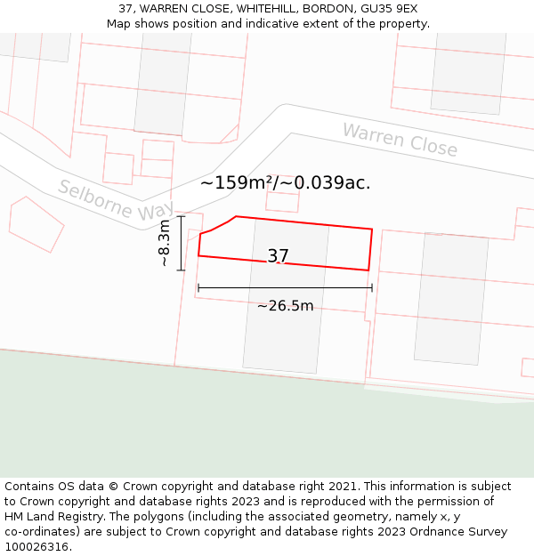 37, WARREN CLOSE, WHITEHILL, BORDON, GU35 9EX: Plot and title map