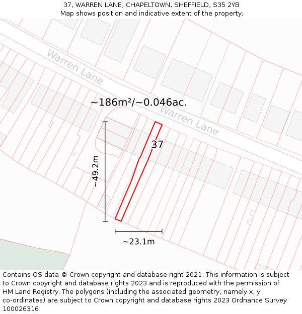 37, WARREN LANE, CHAPELTOWN, SHEFFIELD, S35 2YB: Plot and title map