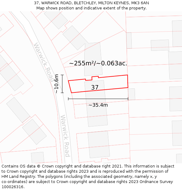 37, WARWICK ROAD, BLETCHLEY, MILTON KEYNES, MK3 6AN: Plot and title map
