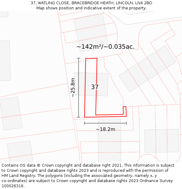 37, WATLING CLOSE, BRACEBRIDGE HEATH, LINCOLN, LN4 2BD: Plot and title map