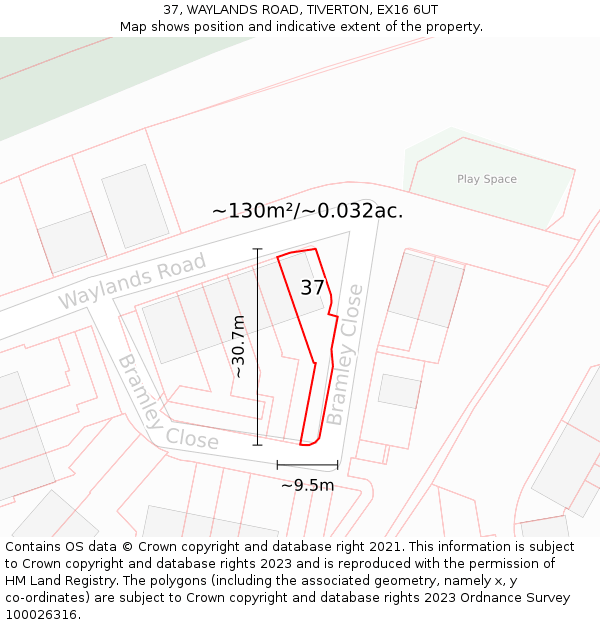 37, WAYLANDS ROAD, TIVERTON, EX16 6UT: Plot and title map