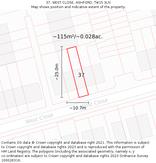 37, WEST CLOSE, ASHFORD, TW15 3LN: Plot and title map