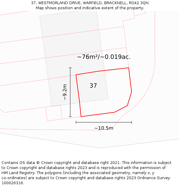 37, WESTMORLAND DRIVE, WARFIELD, BRACKNELL, RG42 3QN: Plot and title map