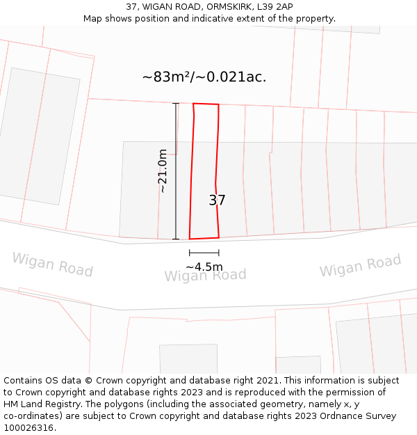 37, WIGAN ROAD, ORMSKIRK, L39 2AP: Plot and title map