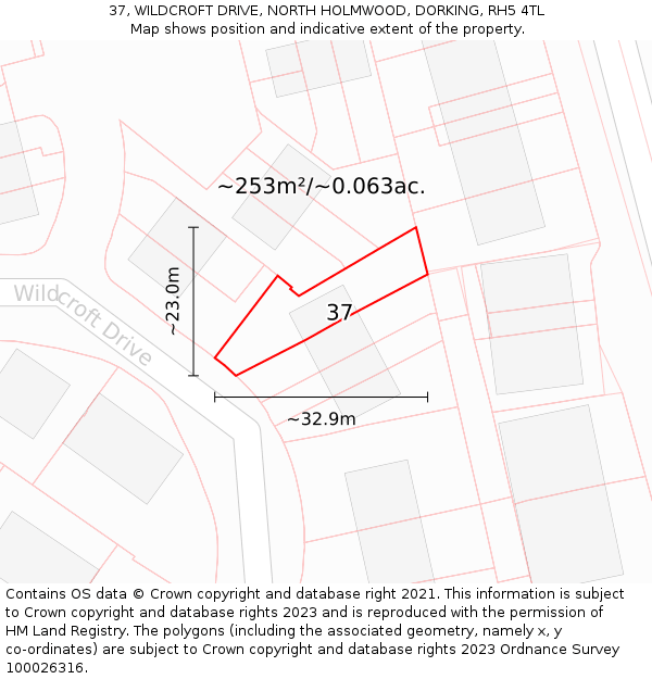 37, WILDCROFT DRIVE, NORTH HOLMWOOD, DORKING, RH5 4TL: Plot and title map