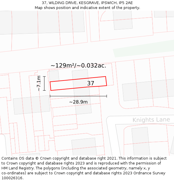37, WILDING DRIVE, KESGRAVE, IPSWICH, IP5 2AE: Plot and title map