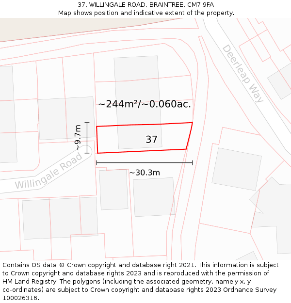 37, WILLINGALE ROAD, BRAINTREE, CM7 9FA: Plot and title map