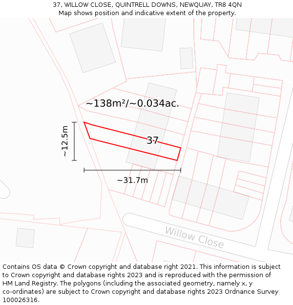 37, WILLOW CLOSE, QUINTRELL DOWNS, NEWQUAY, TR8 4QN: Plot and title map