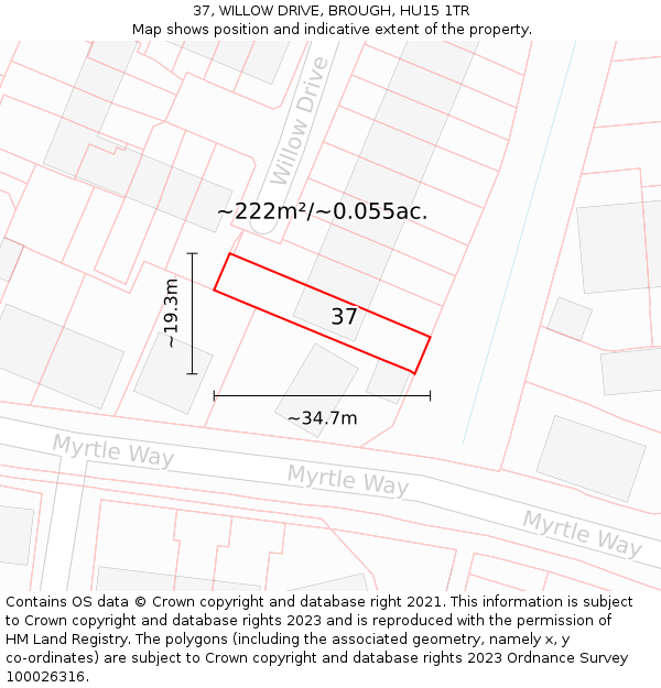 37, WILLOW DRIVE, BROUGH, HU15 1TR: Plot and title map
