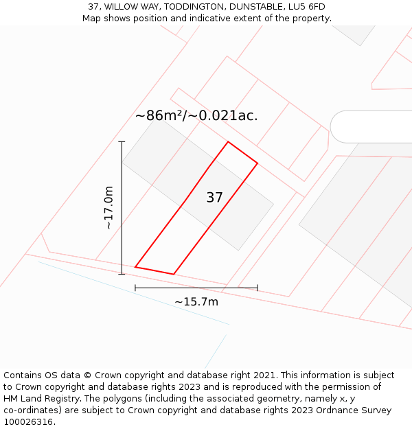 37, WILLOW WAY, TODDINGTON, DUNSTABLE, LU5 6FD: Plot and title map