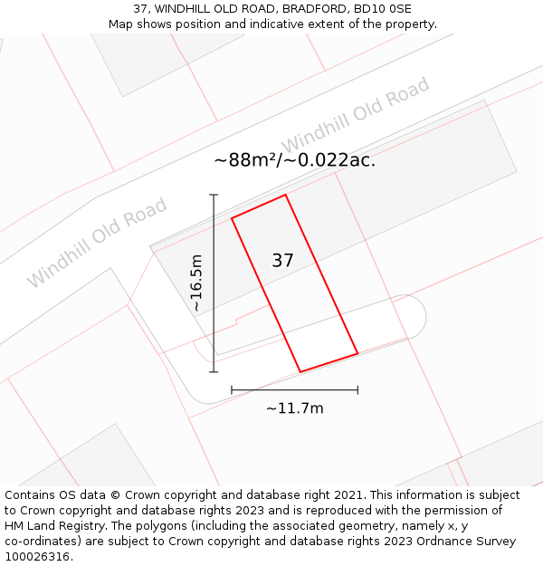 37, WINDHILL OLD ROAD, BRADFORD, BD10 0SE: Plot and title map