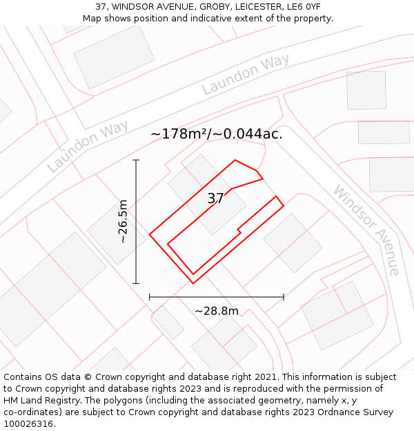 37, WINDSOR AVENUE, GROBY, LEICESTER, LE6 0YF: Plot and title map